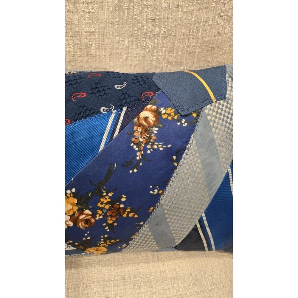 Handmade Upcycled Necktie Patchwork Lumbar Pillow – Reis of New Haven – Blue Mix